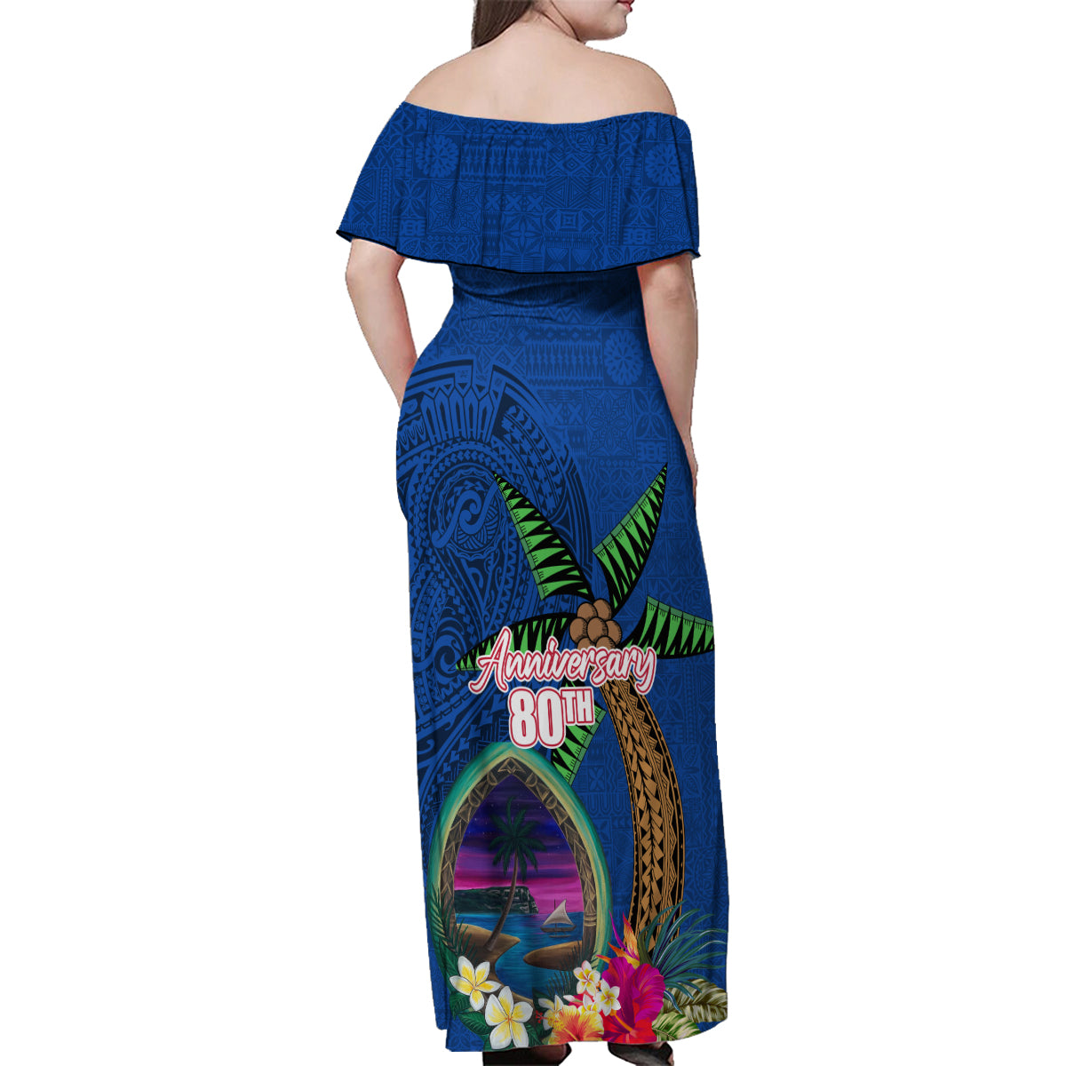 Guam Liberation Day 80th Anniversary Family Matching Off Shoulder Maxi Dress and Hawaiian Shirt Palm Tree and Seal Artwork Hibiscus Polynesian Pattern