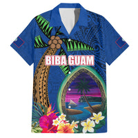 Guam Liberation Day 80th Anniversary Family Matching Short Sleeve Bodycon Dress and Hawaiian Shirt Palm Tree and Seal Artwork Hibiscus Polynesian Pattern LT03 Dad's Shirt - Short Sleeve Blue - Polynesian Pride
