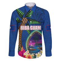 Guam Liberation Day 80th Anniversary Family Matching Short Sleeve Bodycon Dress and Hawaiian Shirt Palm Tree and Seal Artwork Hibiscus Polynesian Pattern LT03 Dad's Shirt - Long Sleeve Blue - Polynesian Pride