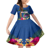 Guam Liberation Day 80th Anniversary Family Matching Summer Maxi Dress and Hawaiian Shirt Palm Tree and Seal Artwork Hibiscus Polynesian Pattern LT03 Daughter's Dress Blue - Polynesian Pride
