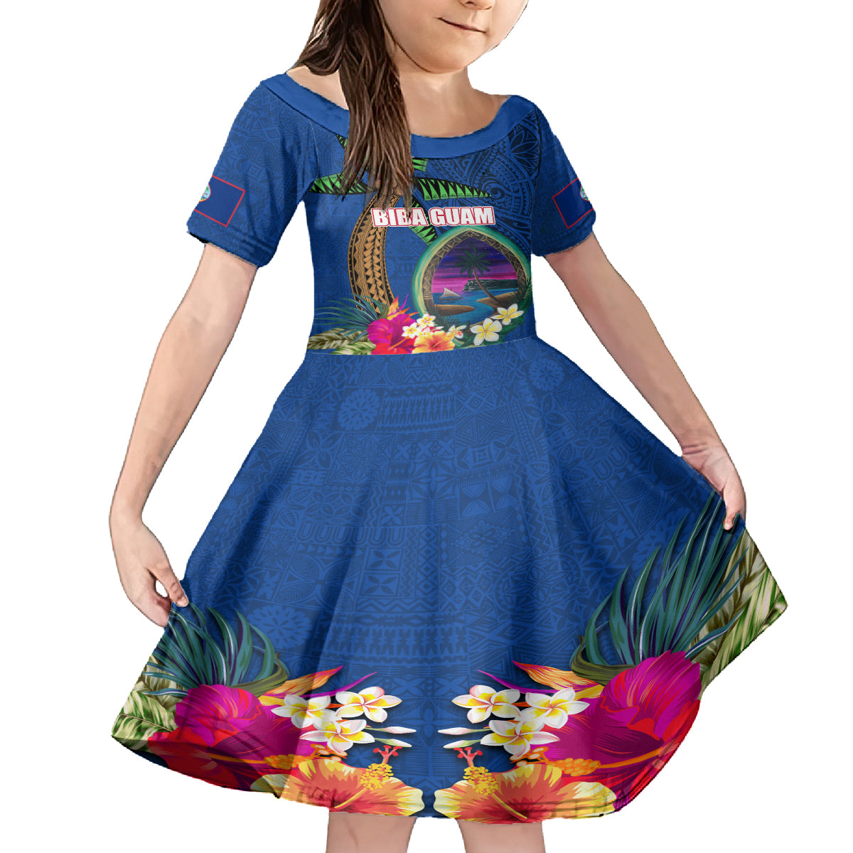 Guam Liberation Day 80th Anniversary Family Matching Tank Maxi Dress and Hawaiian Shirt Palm Tree and Seal Artwork Hibiscus Polynesian Pattern
