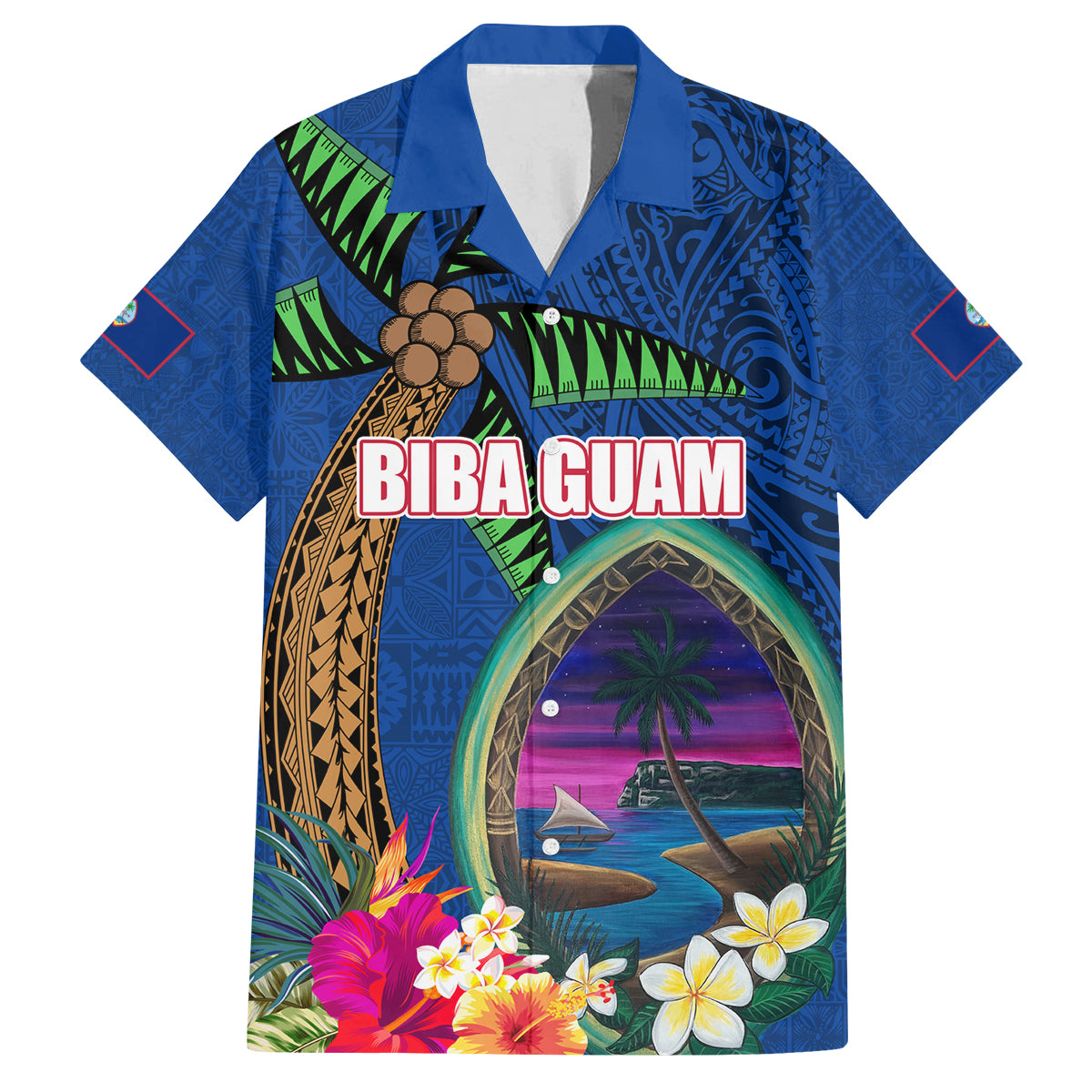 Guam Liberation Day 80th Anniversary Family Matching Tank Maxi Dress and Hawaiian Shirt Palm Tree and Seal Artwork Hibiscus Polynesian Pattern
