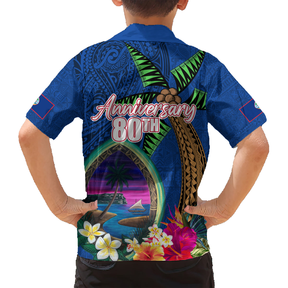 Guam Liberation Day 80th Anniversary Hawaiian Shirt Palm Tree and Seal Artwork Hibiscus Polynesian Pattern