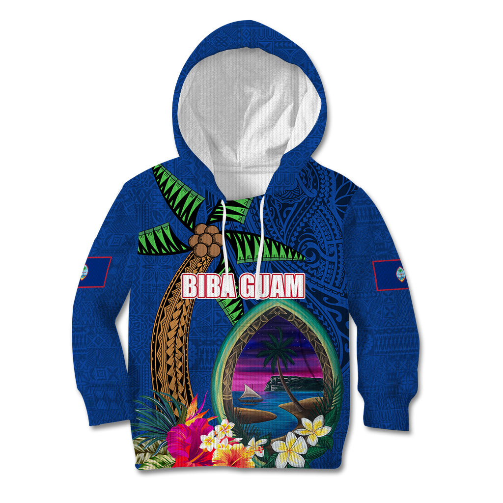 Guam Liberation Day 80th Anniversary Kid Hoodie Palm Tree and Seal Artwork Hibiscus Polynesian Pattern LT03 Hoodie Blue - Polynesian Pride