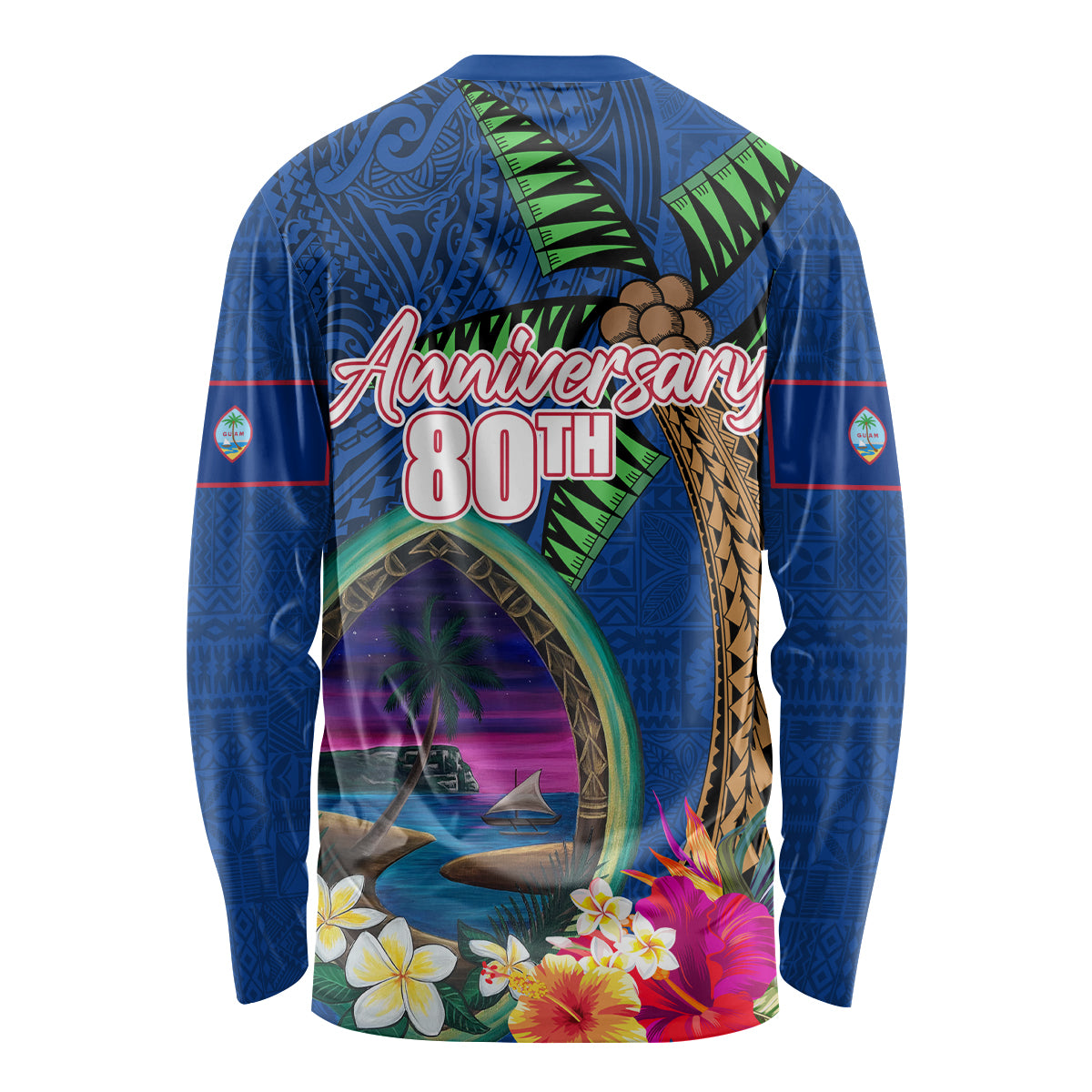 Guam Liberation Day 80th Anniversary Long Sleeve Shirt Palm Tree and Seal Artwork Hibiscus Polynesian Pattern