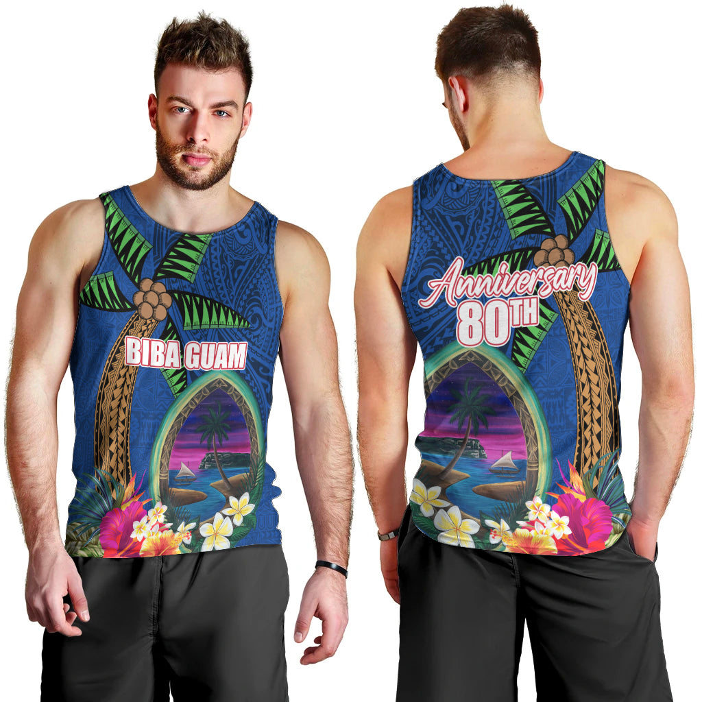 Guam Liberation Day 80th Anniversary Men Tank Top Palm Tree and Seal Artwork Hibiscus Polynesian Pattern