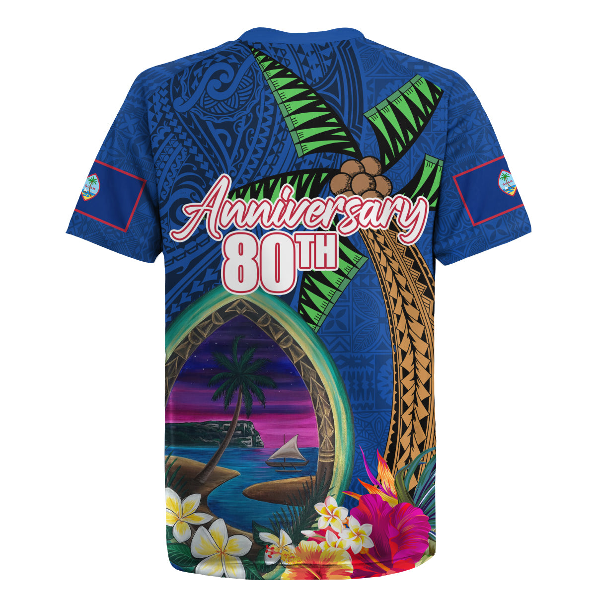 Guam Liberation Day 80th Anniversary Rugby Jersey Palm Tree and Seal Artwork Hibiscus Polynesian Pattern
