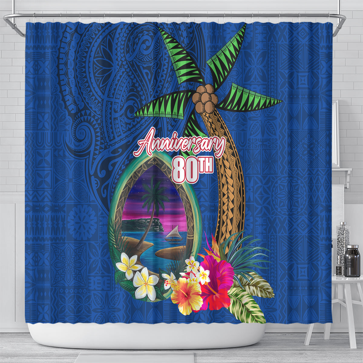 Guam Liberation Day 80th Anniversary Shower Curtain Palm Tree and Seal Artwork Hibiscus Polynesian Pattern