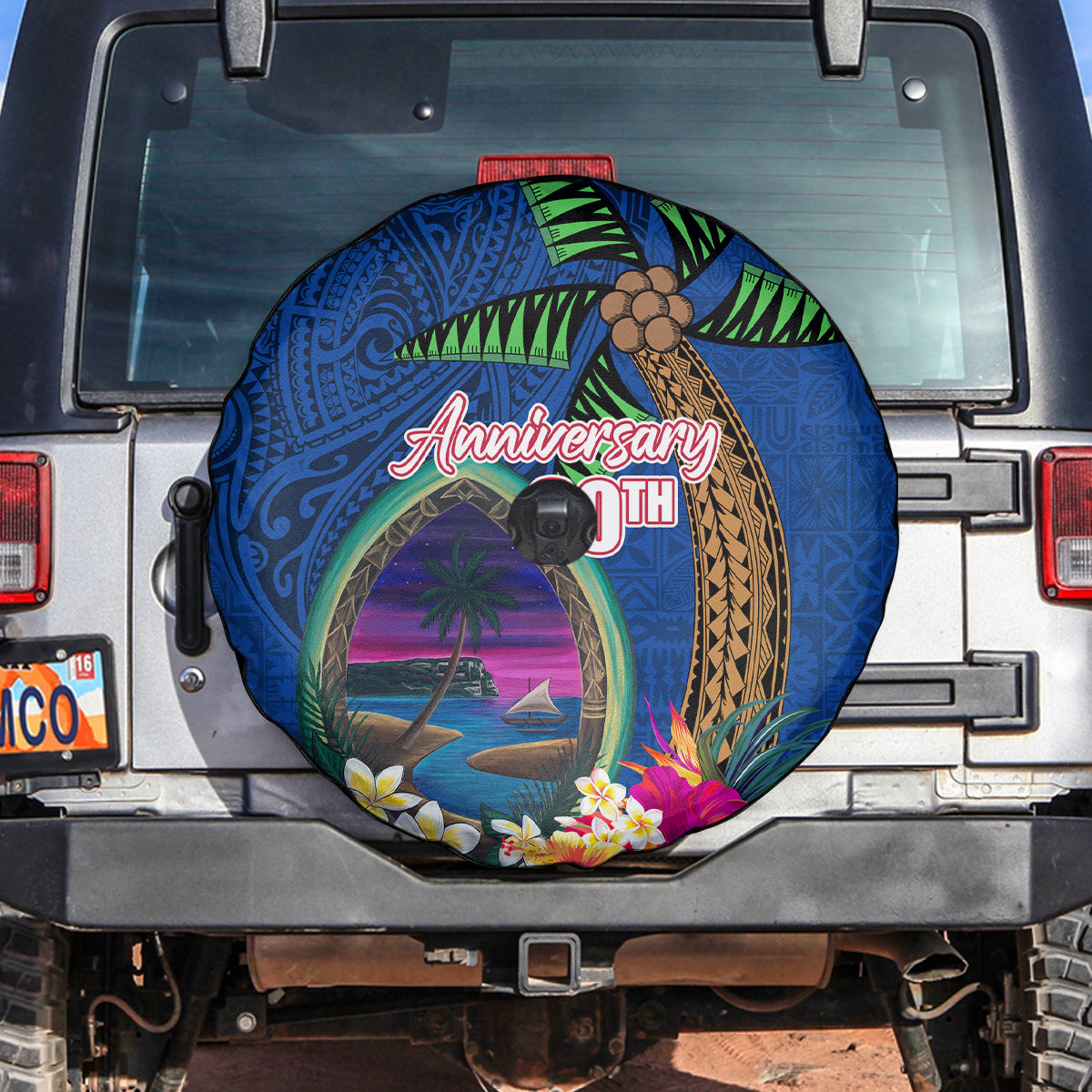 Guam Liberation Day 80th Anniversary Spare Tire Cover Palm Tree and Seal Artwork Hibiscus Polynesian Pattern