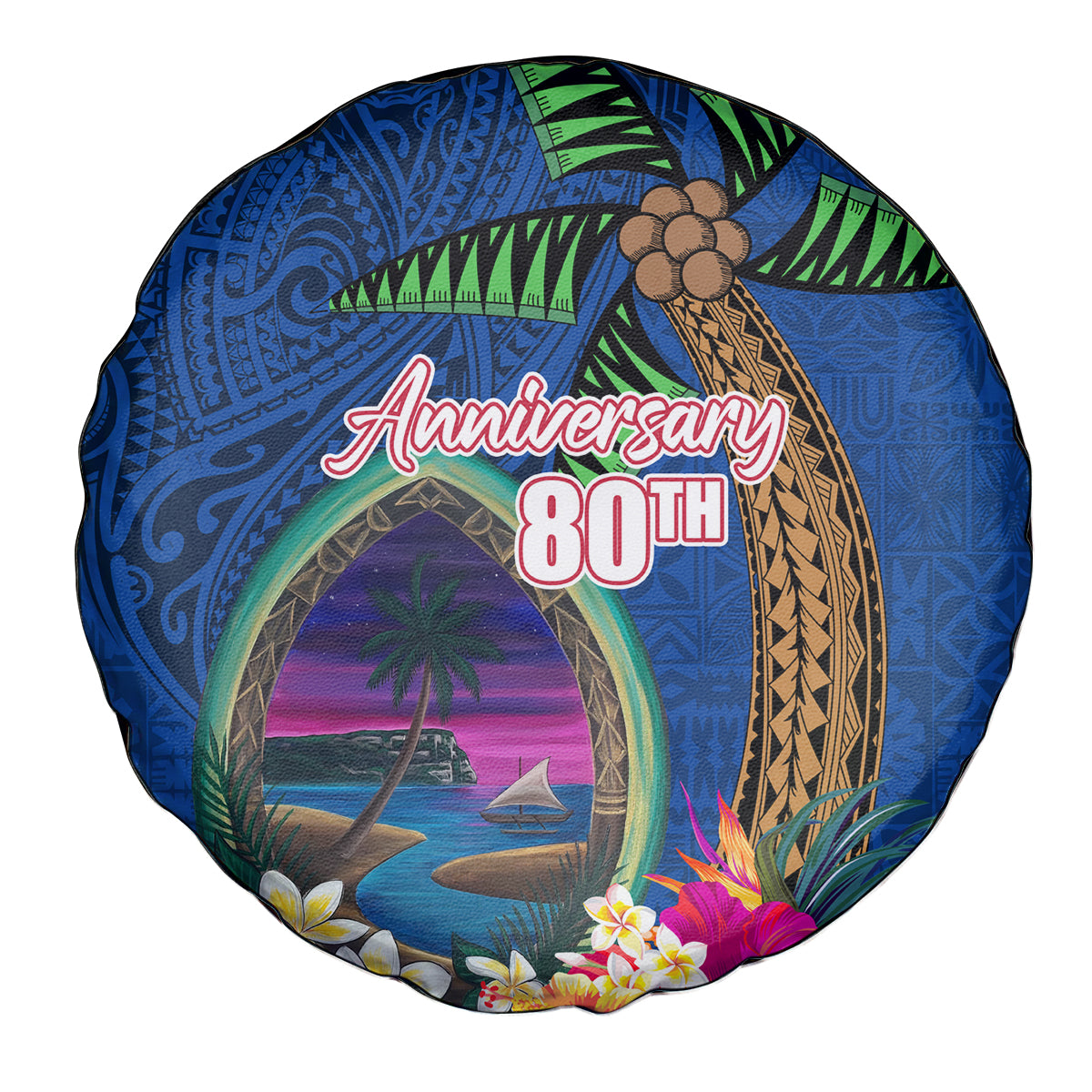 Guam Liberation Day 80th Anniversary Spare Tire Cover Palm Tree and Seal Artwork Hibiscus Polynesian Pattern