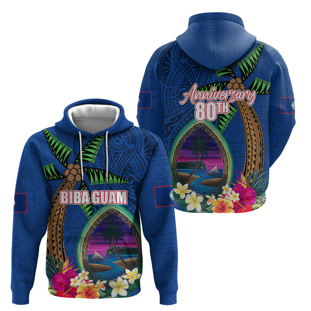 Guam Liberation Day 80th Anniversary Zip Hoodie Palm Tree and Seal Artwork Hibiscus Polynesian Pattern