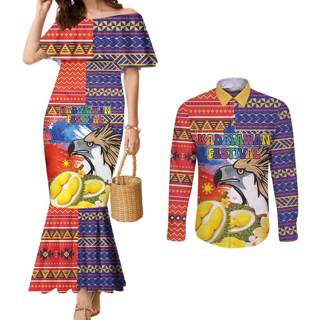 Philippines Kadayawan Couples Matching Mermaid Dress and Long Sleeve Button Shirt Filipino Eagle Durian with Polynesian and Igorots Pattern LT03 Red - Polynesian Pride