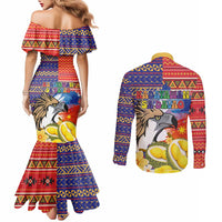 Philippines Kadayawan Couples Matching Mermaid Dress and Long Sleeve Button Shirt Filipino Eagle Durian with Polynesian and Igorots Pattern