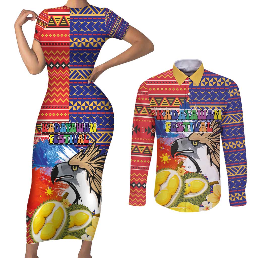 Philippines Kadayawan Couples Matching Short Sleeve Bodycon Dress and Long Sleeve Button Shirt Filipino Eagle Durian with Polynesian and Igorots Pattern