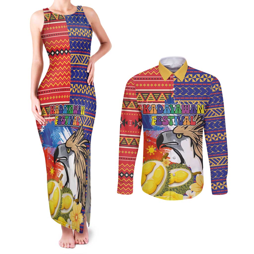 Philippines Kadayawan Couples Matching Tank Maxi Dress and Long Sleeve Button Shirt Filipino Eagle Durian with Polynesian and Igorots Pattern LT03 Red - Polynesian Pride