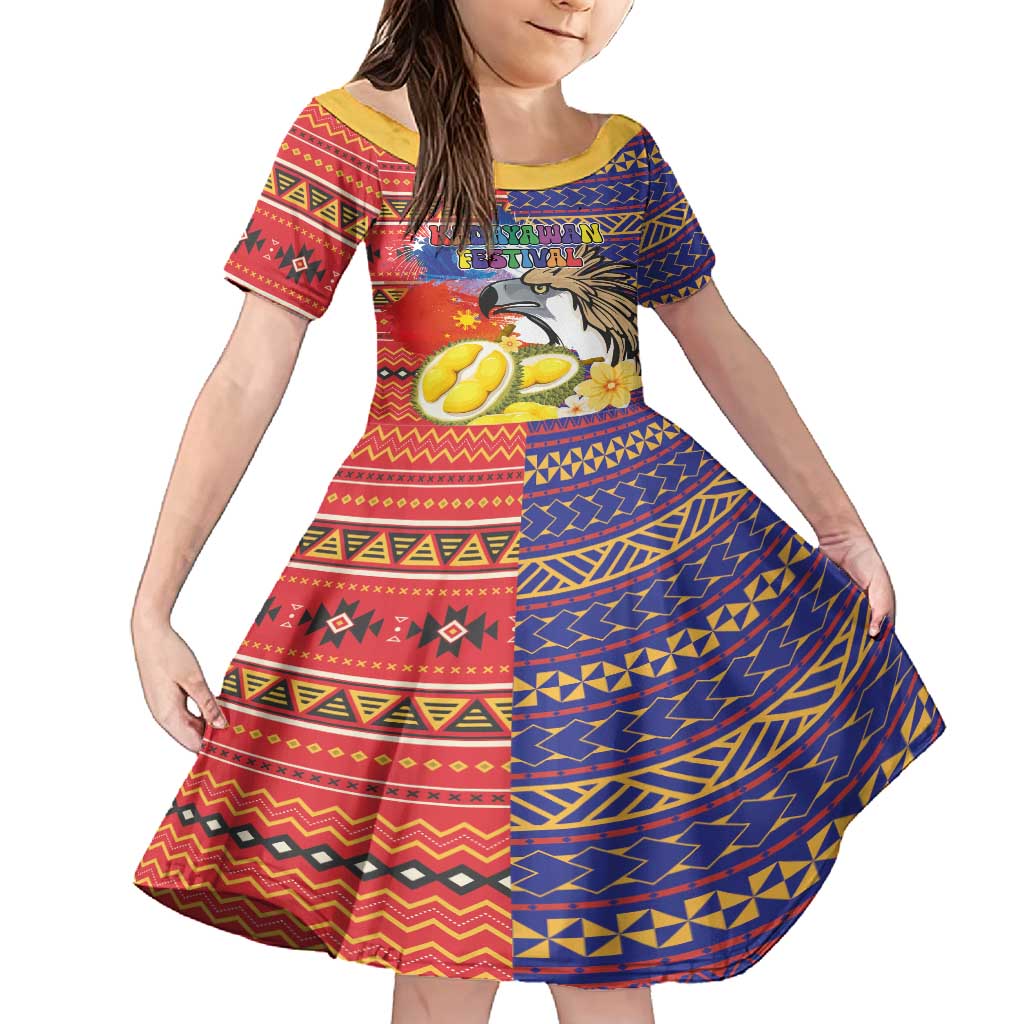 Philippines Kadayawan Family Matching Long Sleeve Bodycon Dress and Hawaiian Shirt Filipino Eagle Durian with Polynesian and Igorots Pattern LT03 Daughter's Dress Red - Polynesian Pride