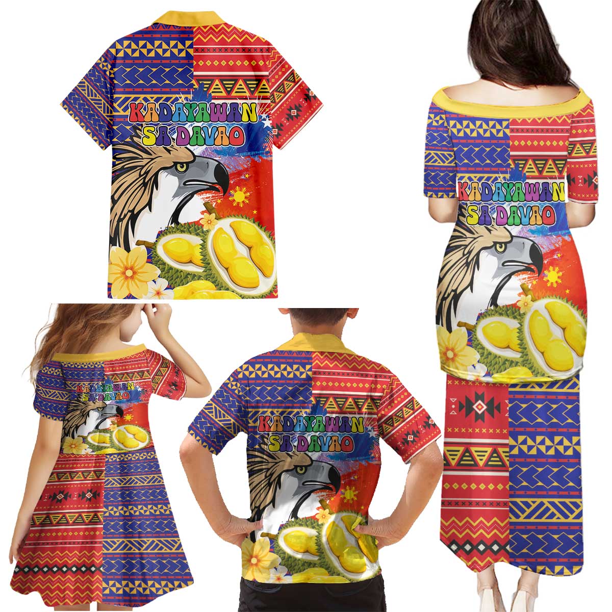 Philippines Kadayawan Family Matching Puletasi and Hawaiian Shirt Filipino Eagle Durian with Polynesian and Igorots Pattern