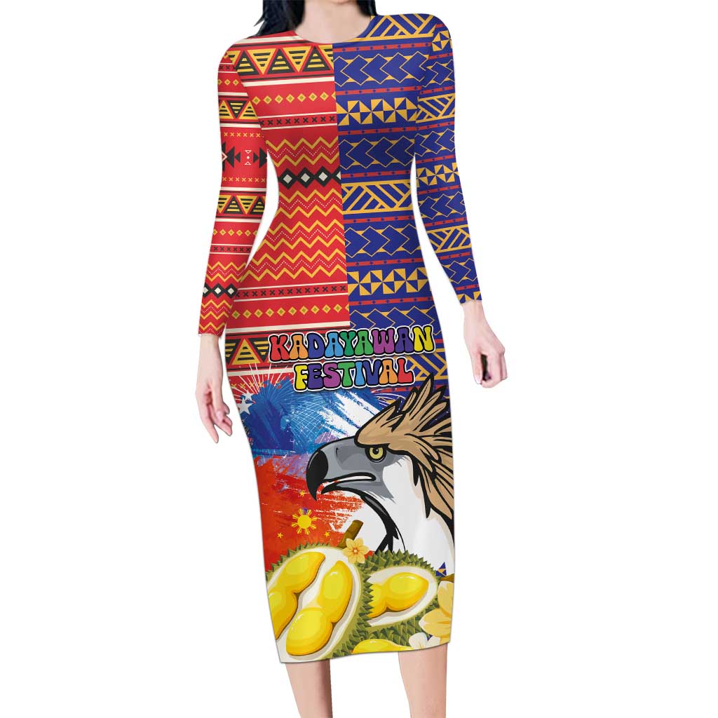 Philippines Kadayawan Long Sleeve Bodycon Dress Filipino Eagle Durian with Polynesian and Igorots Pattern LT03 Long Dress Red - Polynesian Pride