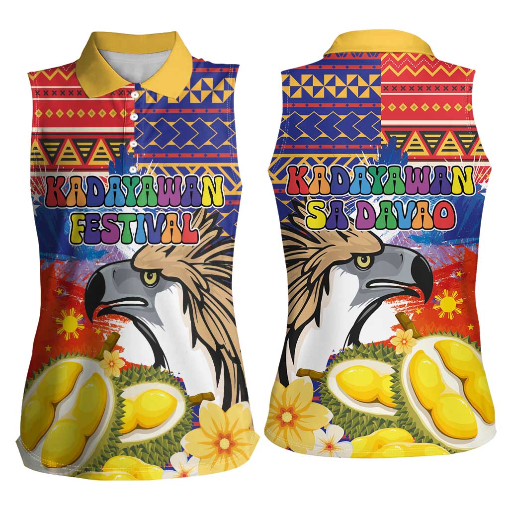 Philippines Kadayawan Women Sleeveless Polo Shirt Filipino Eagle Durian with Polynesian and Igorots Pattern
