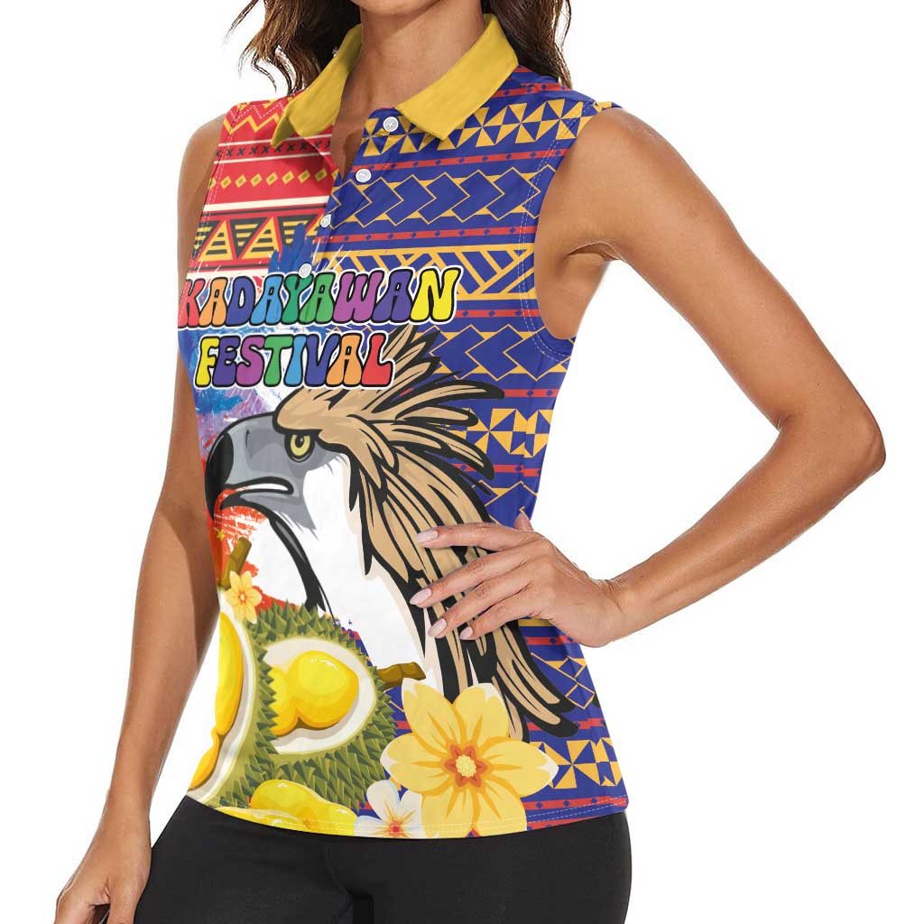 Philippines Kadayawan Women Sleeveless Polo Shirt Filipino Eagle Durian with Polynesian and Igorots Pattern