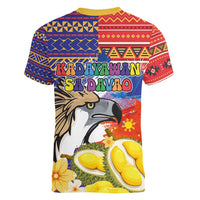 Philippines Kadayawan Women V-Neck T-Shirt Filipino Eagle Durian with Polynesian and Igorots Pattern