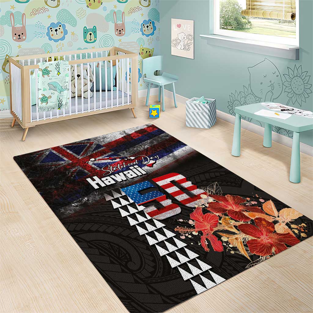 Hawaii Statehood Day Area Rug 50th state of the United States Kakau Tattoos and Hibiscus Grunge - Polynesian Pride