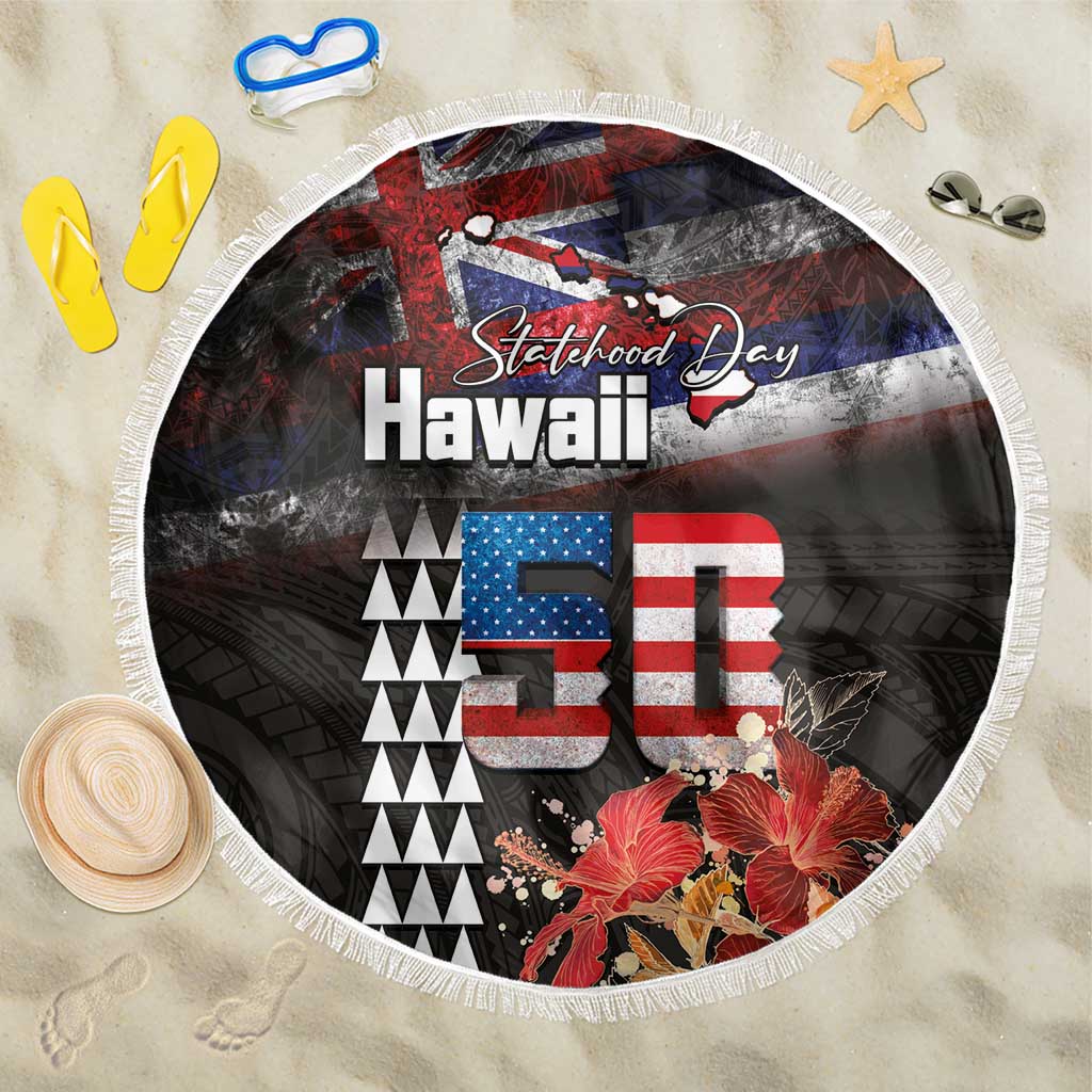 Hawaii Statehood Day Beach Blanket 50th state of the United States Kakau Tattoos and Hibiscus Grunge - Polynesian Pride