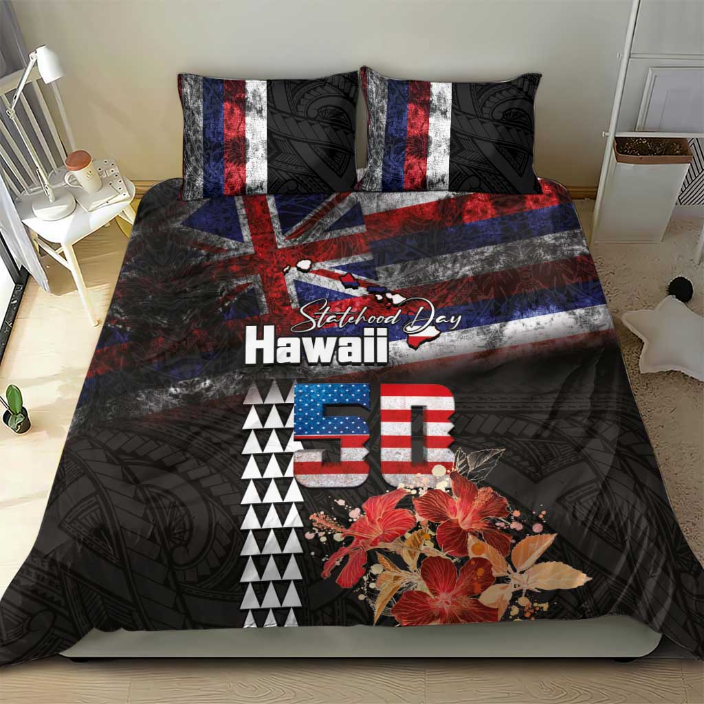 Hawaii Statehood Day Bedding Set 50th state of the United States Kakau Tattoos and Hibiscus Grunge - Polynesian Pride