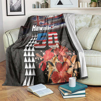 Hawaii Statehood Day Blanket 50th state of the United States Kakau Tattoos and Hibiscus Grunge - Polynesian Pride