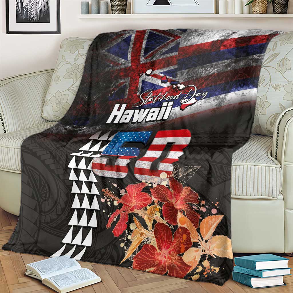 Hawaii Statehood Day Blanket 50th state of the United States Kakau Tattoos and Hibiscus Grunge - Polynesian Pride