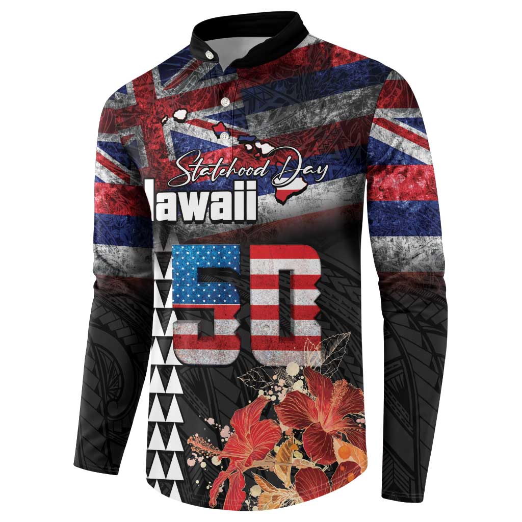 Hawaii Statehood Day Button Sweatshirt 50th state of the United States Kakau Tattoos and Hibiscus Grunge - Polynesian Pride