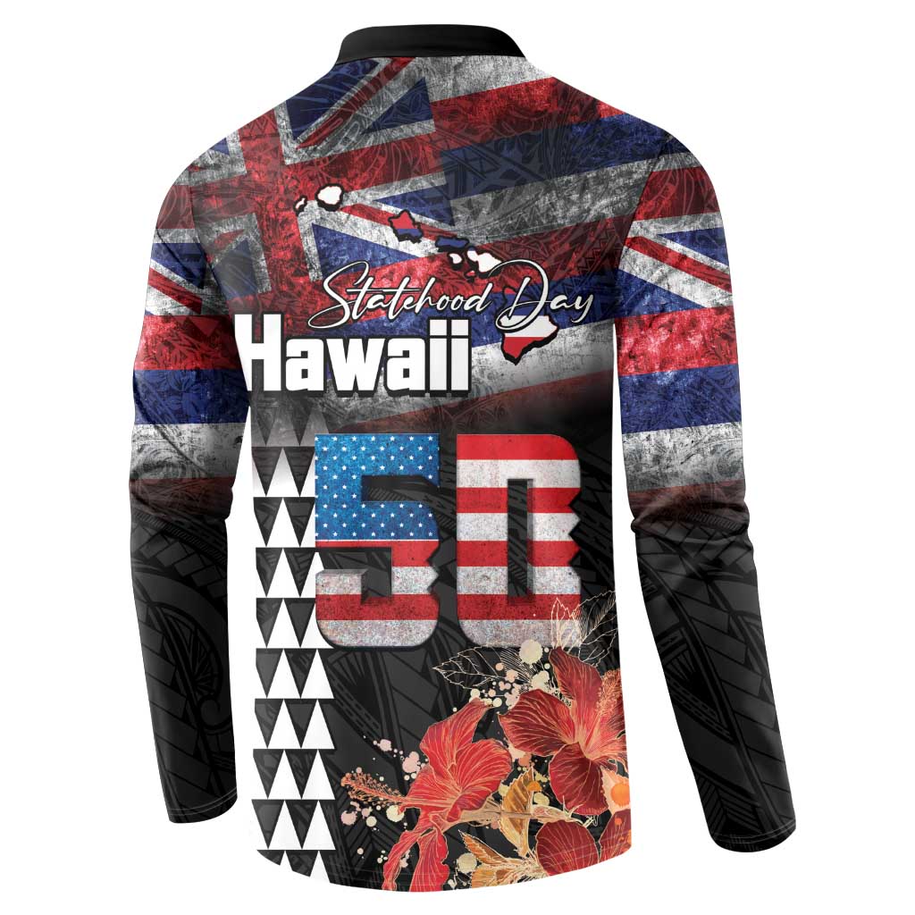 Hawaii Statehood Day Button Sweatshirt 50th state of the United States Kakau Tattoos and Hibiscus Grunge - Polynesian Pride