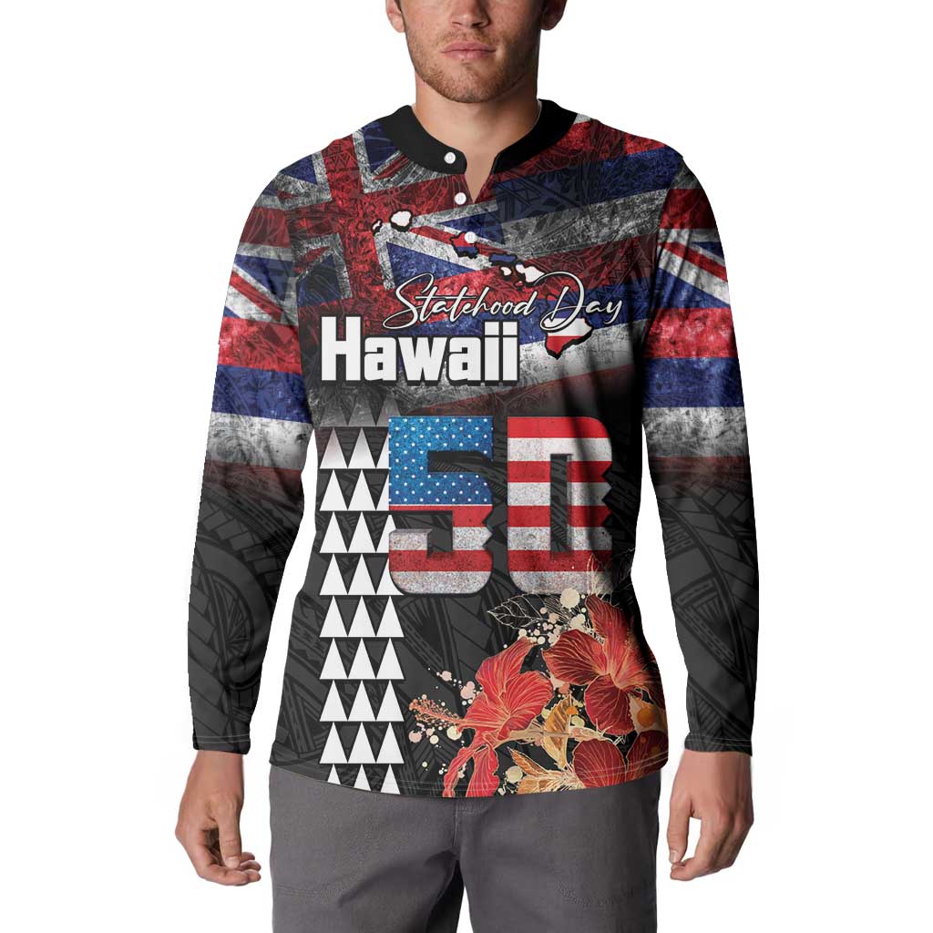 Hawaii Statehood Day Button Sweatshirt 50th state of the United States Kakau Tattoos and Hibiscus Grunge - Polynesian Pride