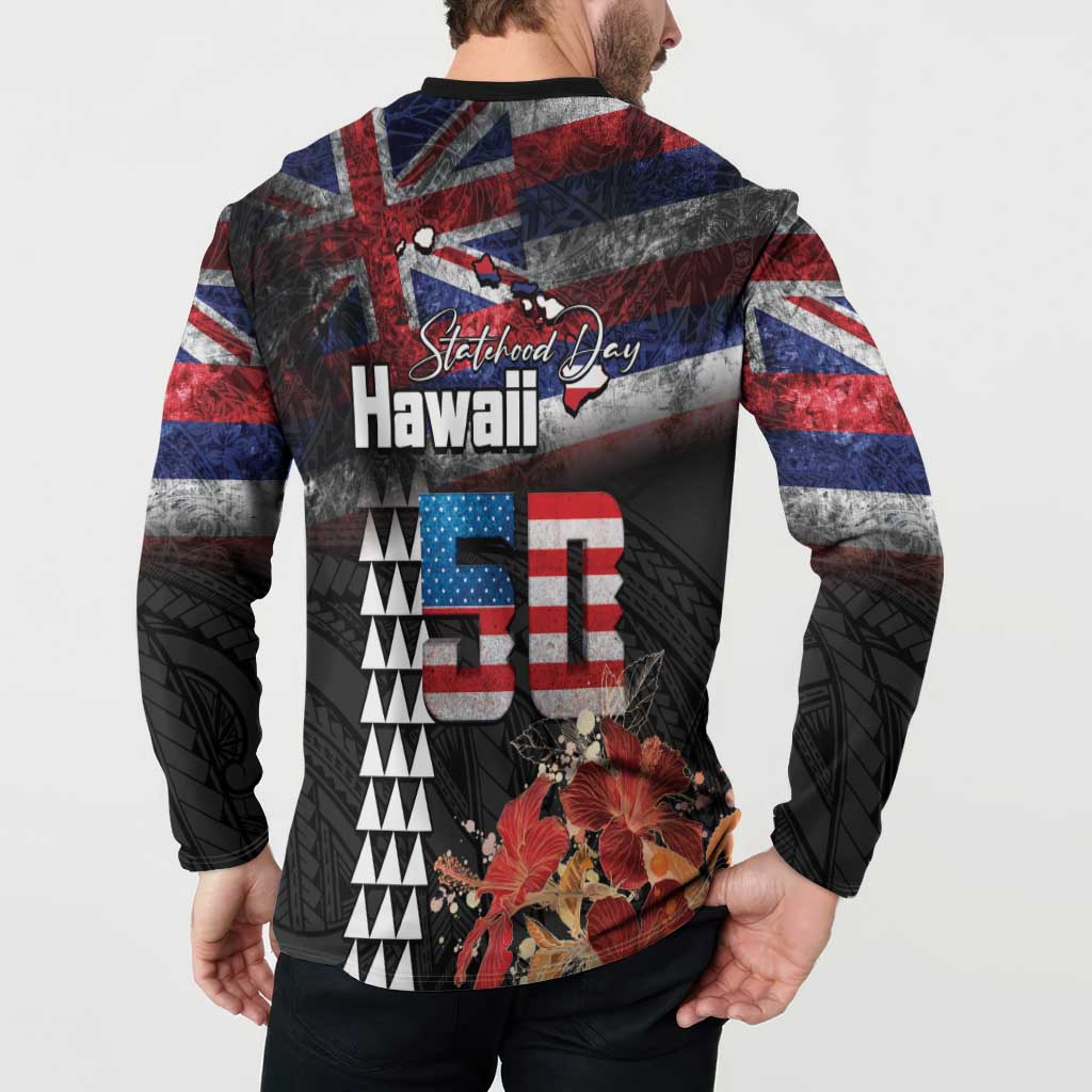 Hawaii Statehood Day Button Sweatshirt 50th state of the United States Kakau Tattoos and Hibiscus Grunge - Polynesian Pride