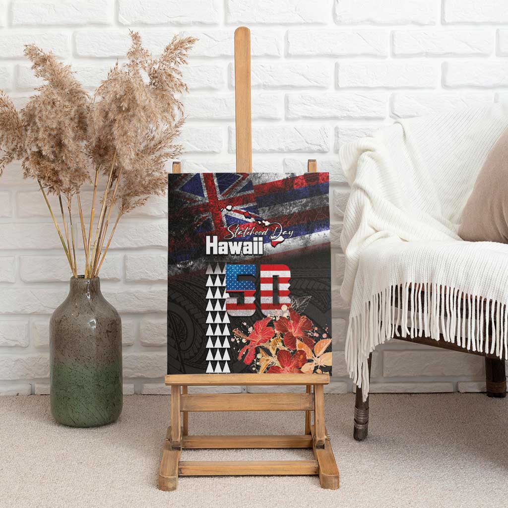 Hawaii Statehood Day Canvas Wall Art 50th state of the United States Kakau Tattoos and Hibiscus Grunge - Polynesian Pride