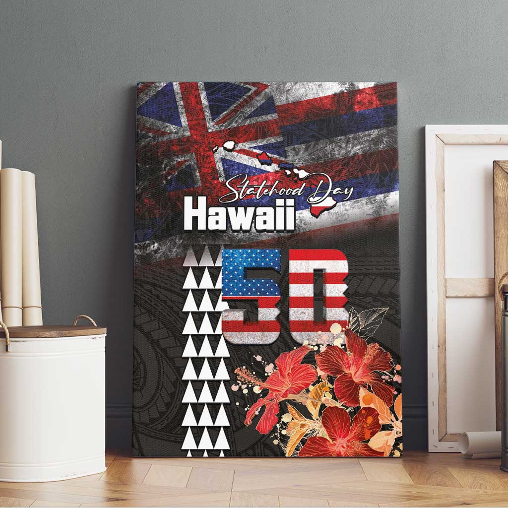 Hawaii Statehood Day Canvas Wall Art 50th state of the United States Kakau Tattoos and Hibiscus Grunge - Polynesian Pride