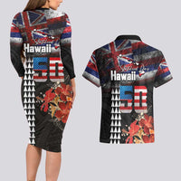 Hawaii Statehood Day Couples Matching Long Sleeve Bodycon Dress and Hawaiian Shirt 50th state of the United States Kakau Tattoos and Hibiscus Grunge - Polynesian Pride