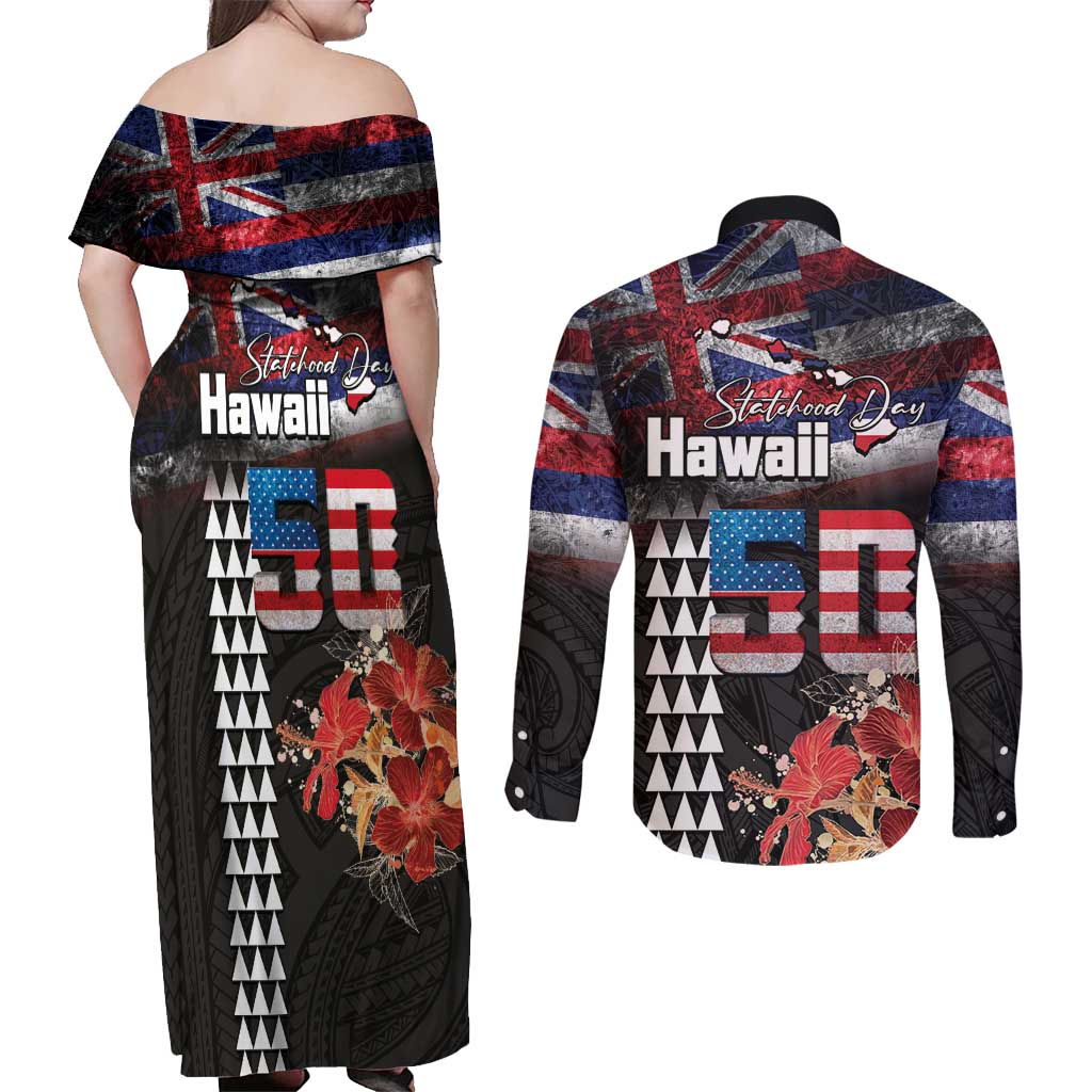 Hawaii Statehood Day Couples Matching Off Shoulder Maxi Dress and Long Sleeve Button Shirt 50th state of the United States Kakau Tattoos and Hibiscus Grunge - Polynesian Pride