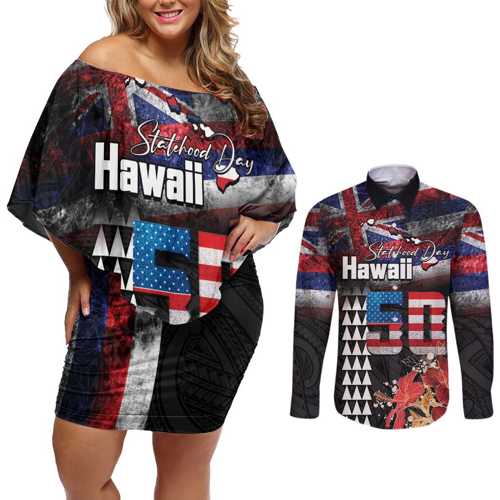 Hawaii Statehood Day Couples Matching Off Shoulder Short Dress and Long Sleeve Button Shirt 50th state of the United States Kakau Tattoos and Hibiscus Grunge - Polynesian Pride