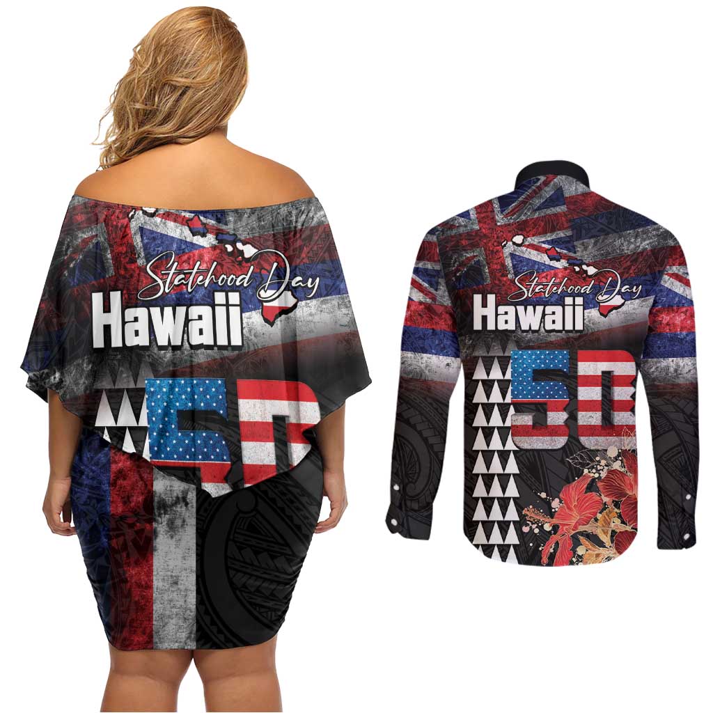 Hawaii Statehood Day Couples Matching Off Shoulder Short Dress and Long Sleeve Button Shirt 50th state of the United States Kakau Tattoos and Hibiscus Grunge - Polynesian Pride