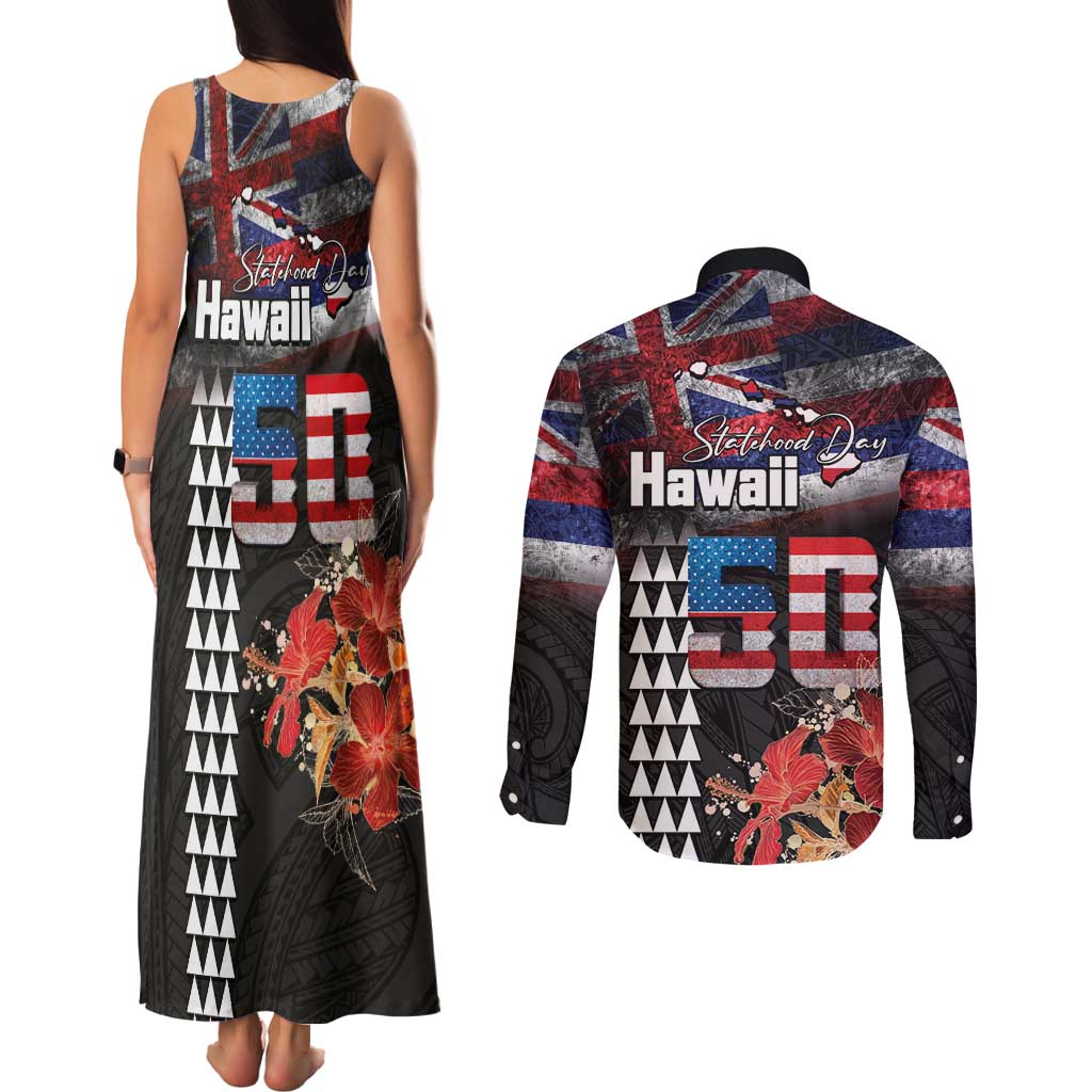 Hawaii Statehood Day Couples Matching Tank Maxi Dress and Long Sleeve Button Shirt 50th state of the United States Kakau Tattoos and Hibiscus Grunge - Polynesian Pride