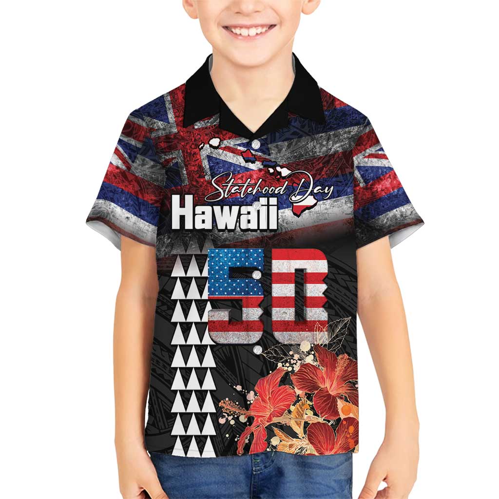 Hawaii Statehood Day Family Matching Long Sleeve Bodycon Dress and Hawaiian Shirt 50th state of the United States Kakau Tattoos and Hibiscus Grunge LT03 Son's Shirt Black - Polynesian Pride