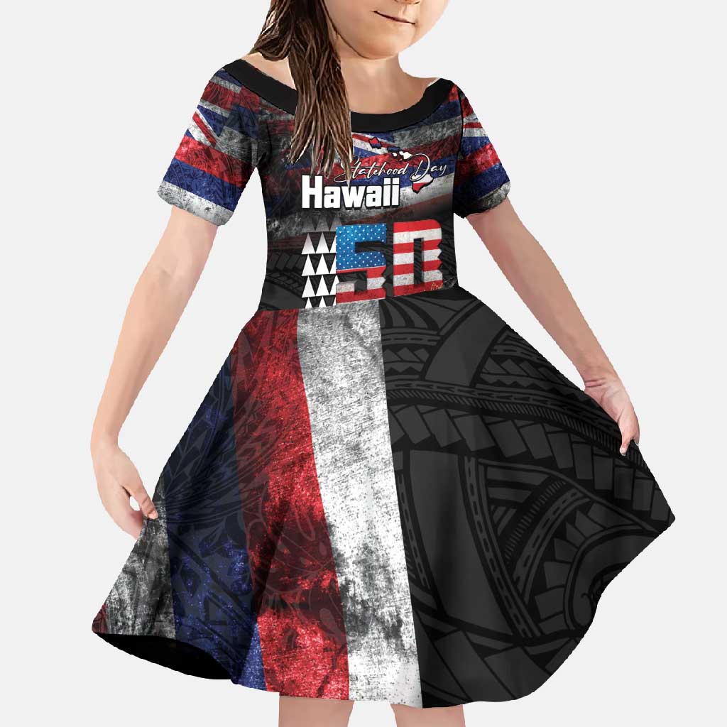 Hawaii Statehood Day Family Matching Mermaid Dress and Hawaiian Shirt 50th state of the United States Kakau Tattoos and Hibiscus Grunge LT03 Daughter's Dress Black - Polynesian Pride