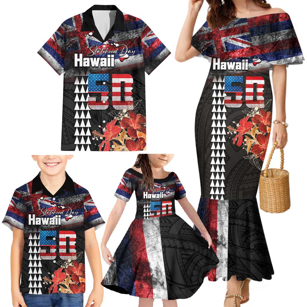 Hawaii Statehood Day Family Matching Mermaid Dress and Hawaiian Shirt 50th state of the United States Kakau Tattoos and Hibiscus Grunge - Polynesian Pride