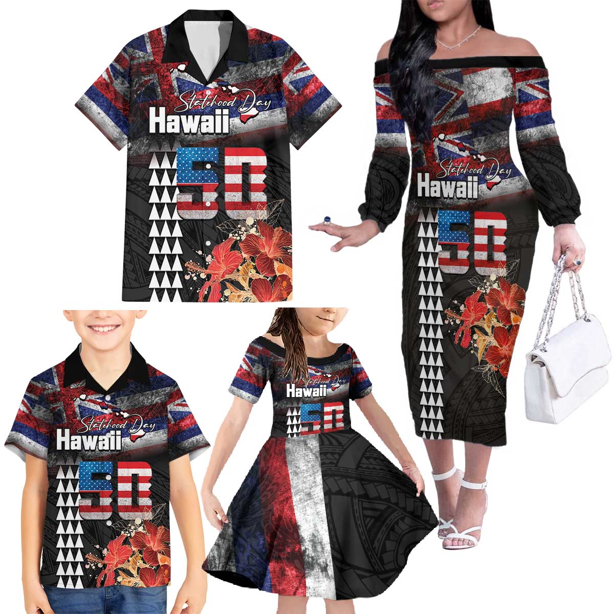 Hawaii Statehood Day Family Matching Off The Shoulder Long Sleeve Dress and Hawaiian Shirt 50th state of the United States Kakau Tattoos and Hibiscus Grunge - Polynesian Pride