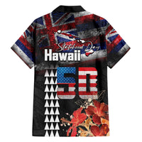 Hawaii Statehood Day Family Matching Off The Shoulder Long Sleeve Dress and Hawaiian Shirt 50th state of the United States Kakau Tattoos and Hibiscus Grunge - Polynesian Pride
