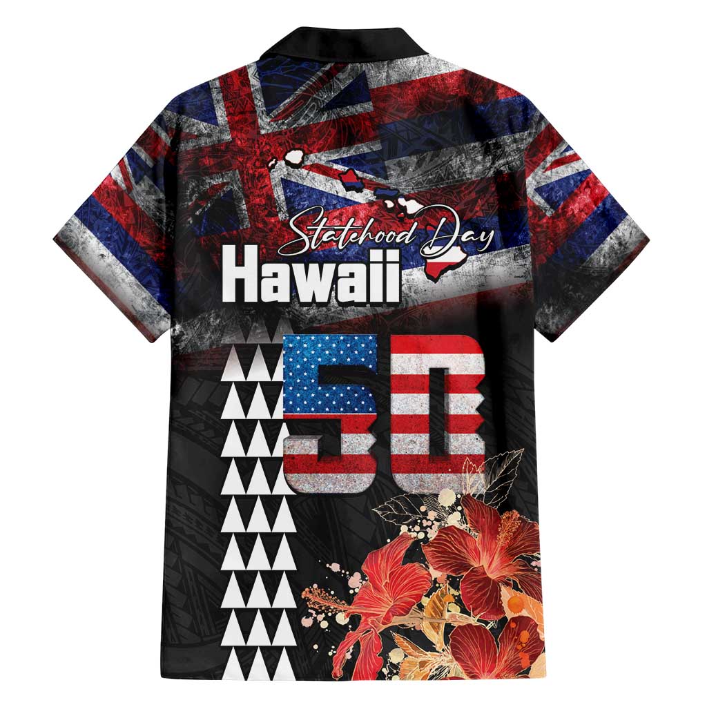 Hawaii Statehood Day Family Matching Off Shoulder Short Dress and Hawaiian Shirt 50th state of the United States Kakau Tattoos and Hibiscus Grunge LT03 - Polynesian Pride