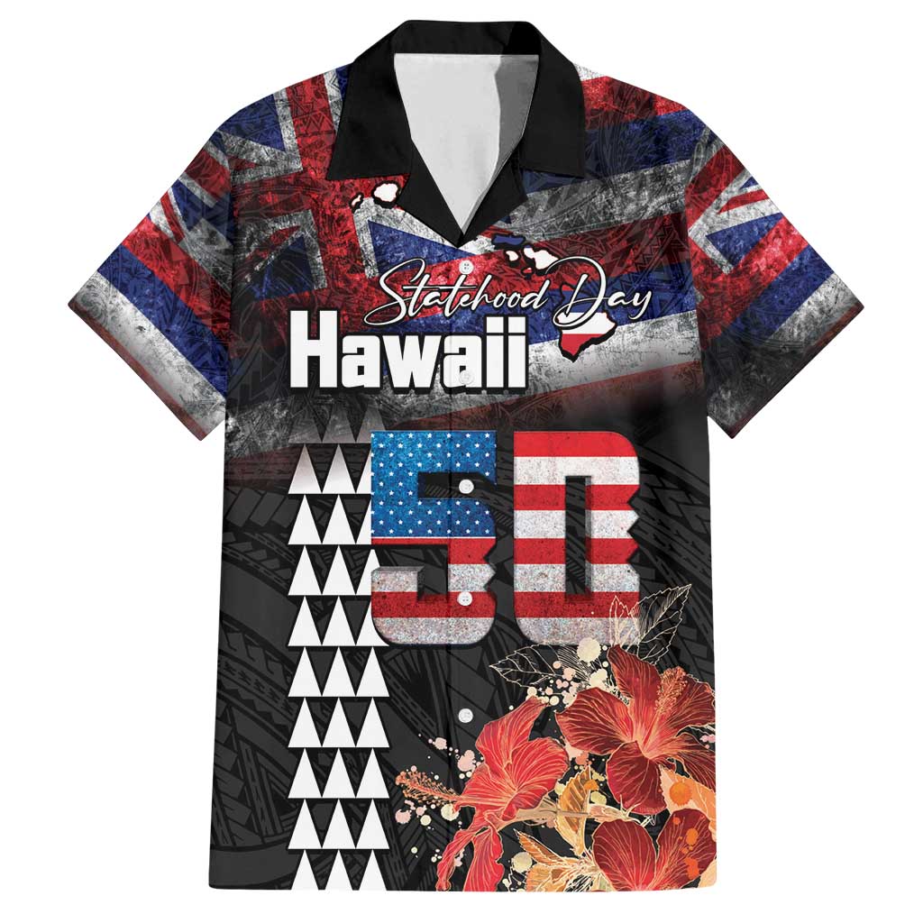 Hawaii Statehood Day Family Matching Summer Maxi Dress and Hawaiian Shirt 50th state of the United States Kakau Tattoos and Hibiscus Grunge LT03 Dad's Shirt - Short Sleeve Black - Polynesian Pride