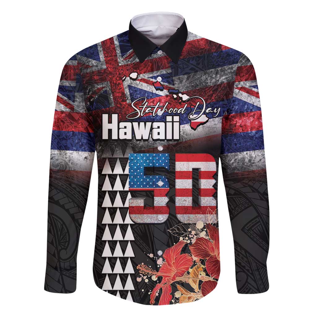 Hawaii Statehood Day Family Matching Summer Maxi Dress and Hawaiian Shirt 50th state of the United States Kakau Tattoos and Hibiscus Grunge LT03 Dad's Shirt - Long Sleeve Black - Polynesian Pride
