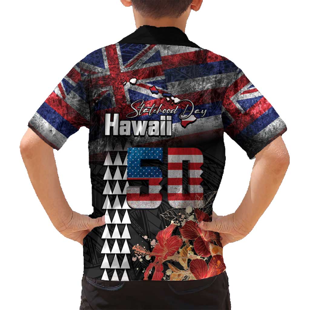 Hawaii Statehood Day Family Matching Tank Maxi Dress and Hawaiian Shirt 50th state of the United States Kakau Tattoos and Hibiscus Grunge - Polynesian Pride